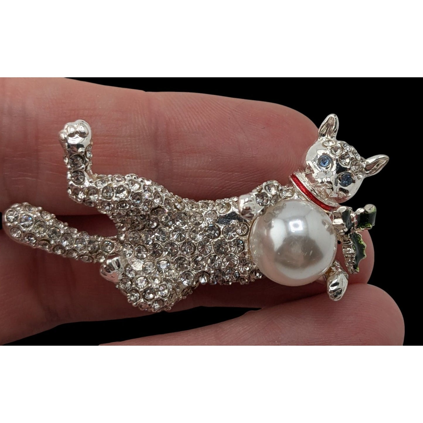 Pet Friends Cat Brooch Silver Rhinestone Faux Pearl Kitty Pin Glam Animal Jewelry
