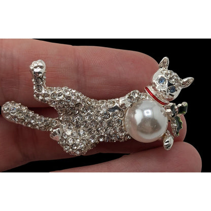 Pet Friends Cat Brooch Silver Rhinestone Faux Pearl Kitty Pin Glam Animal Jewelry