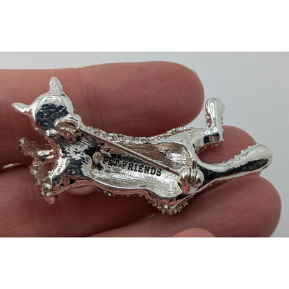 Pet Friends Cat Brooch Silver Rhinestone Faux Pearl Kitty Pin Glam Animal Jewelry