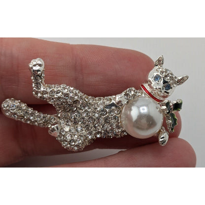 Pet Friends Cat Brooch Silver Rhinestone Faux Pearl Kitty Pin Glam Animal Jewelry