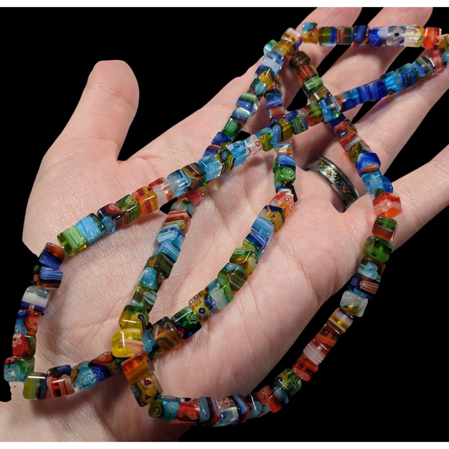 Rainbow Millefiori Glass Cube Beaded Necklace
