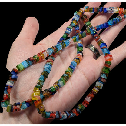 Rainbow Millefiori Glass Cube Beaded Necklace