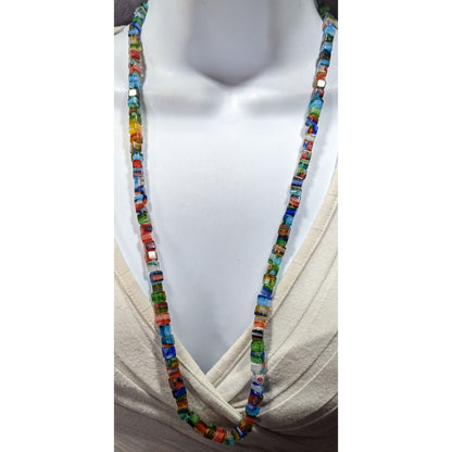 Rainbow Millefiori Glass Cube Beaded Necklace