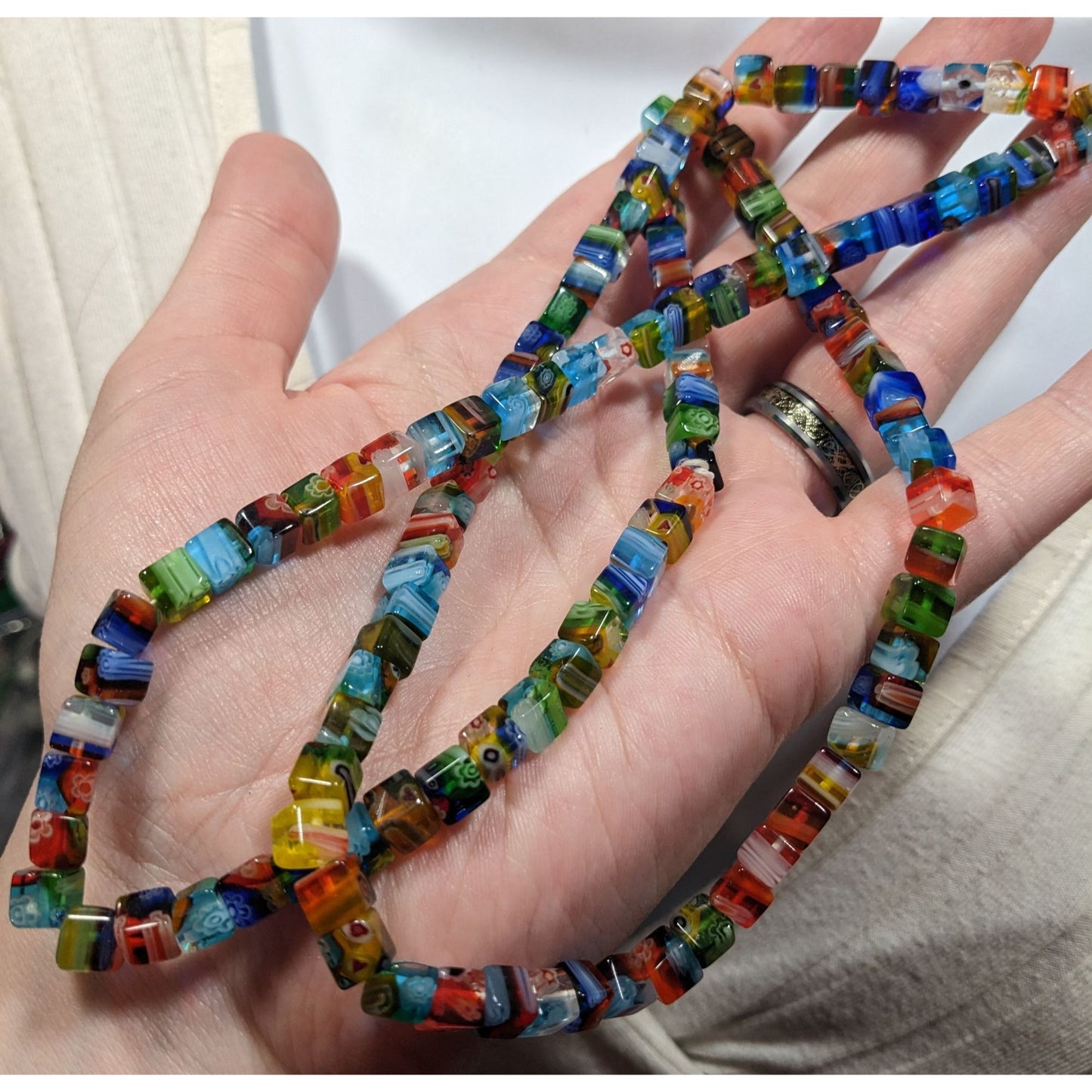 Rainbow Millefiori Glass Cube Beaded Necklace