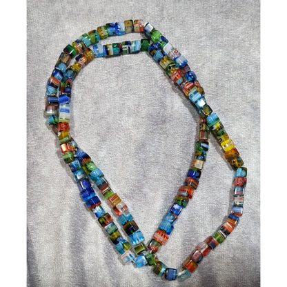 Rainbow Millefiori Glass Cube Beaded Necklace