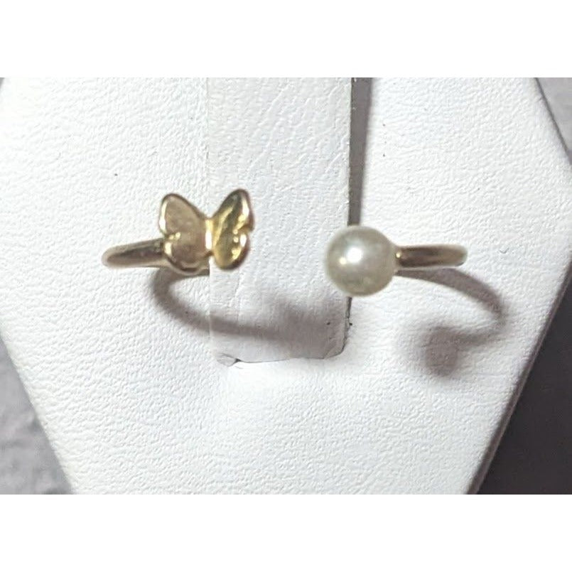 Minimalist Butterfly Faux Pearl Open Top Gold Tone Ring Size 7 3/4