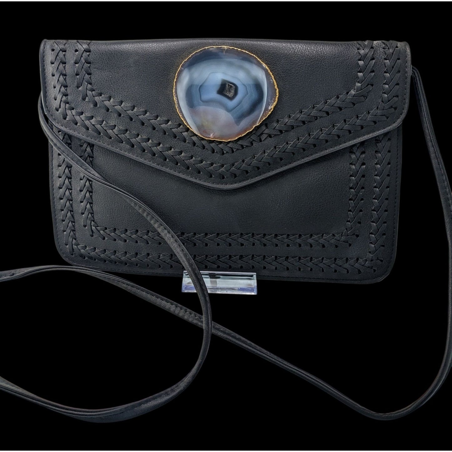 Black Leather Bohemian Crossbody Bag With Handwoven Details & Geode Slice Accent 11x7 Inches 22-Inch Drop