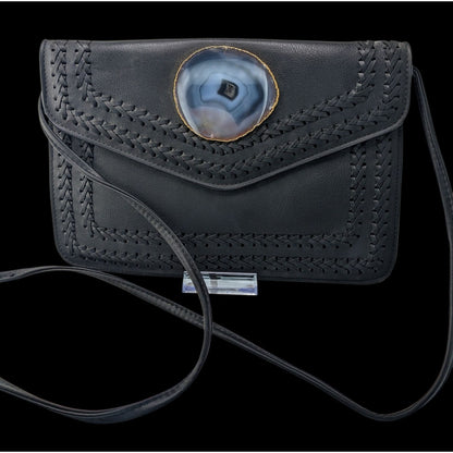 Black Leather Bohemian Crossbody Bag With Handwoven Details & Geode Slice Accent 11x7 Inches 22-Inch Drop