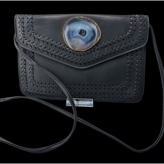 Black Leather Bohemian Crossbody Bag With Handwoven Details & Geode Slice Accent 11x7 Inches 22-Inch Drop