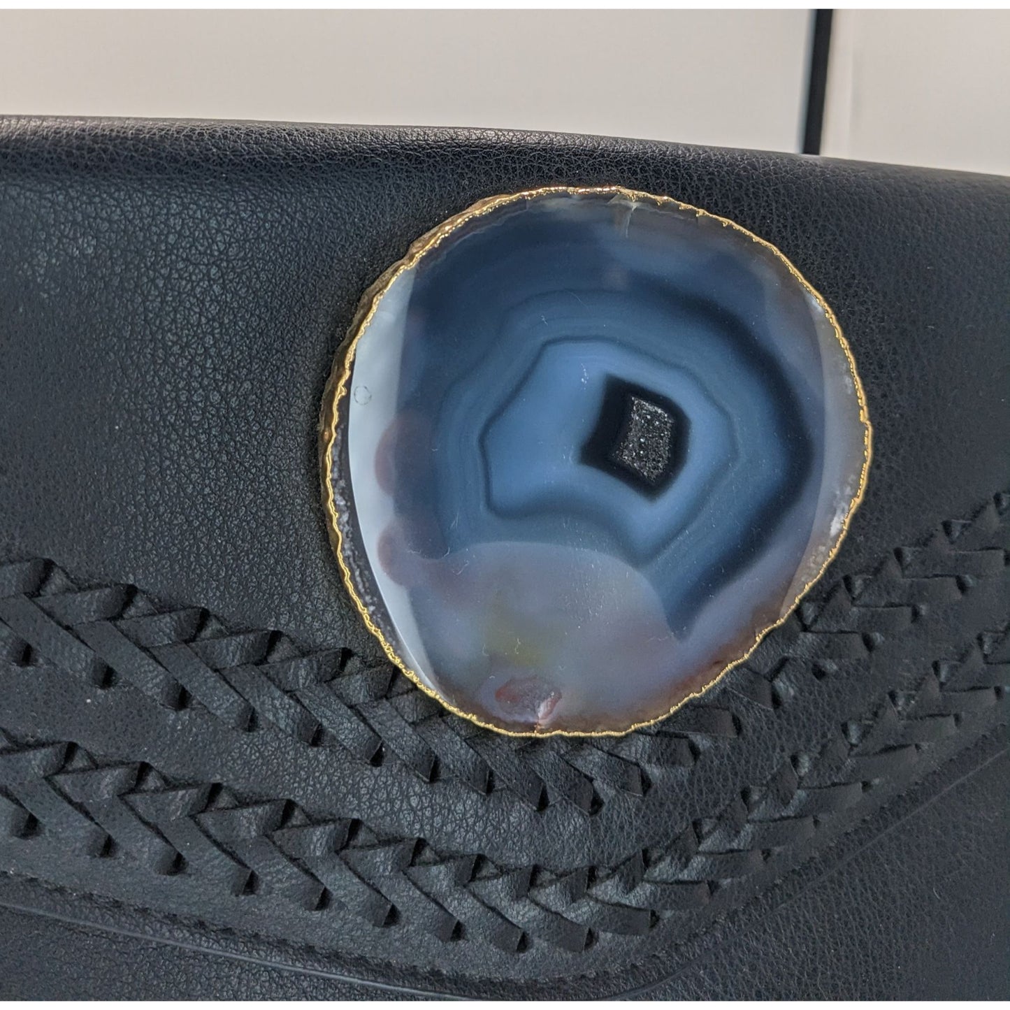 Black Leather Bohemian Crossbody Bag With Handwoven Details & Geode Slice Accent 11x7 Inches 22-Inch Drop