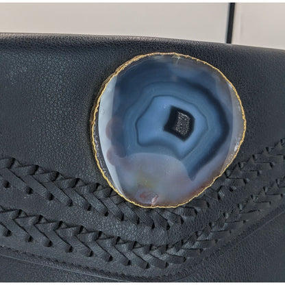 Black Leather Bohemian Crossbody Bag With Handwoven Details & Geode Slice Accent 11x7 Inches 22-Inch Drop
