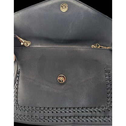Black Leather Bohemian Crossbody Bag With Handwoven Details & Geode Slice Accent 11x7 Inches 22-Inch Drop
