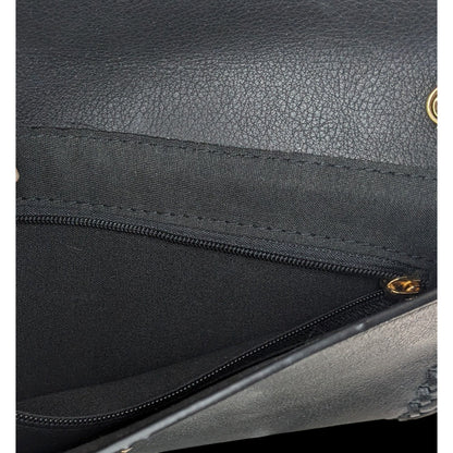 Black Leather Bohemian Crossbody Bag With Handwoven Details & Geode Slice Accent 11x7 Inches 22-Inch Drop