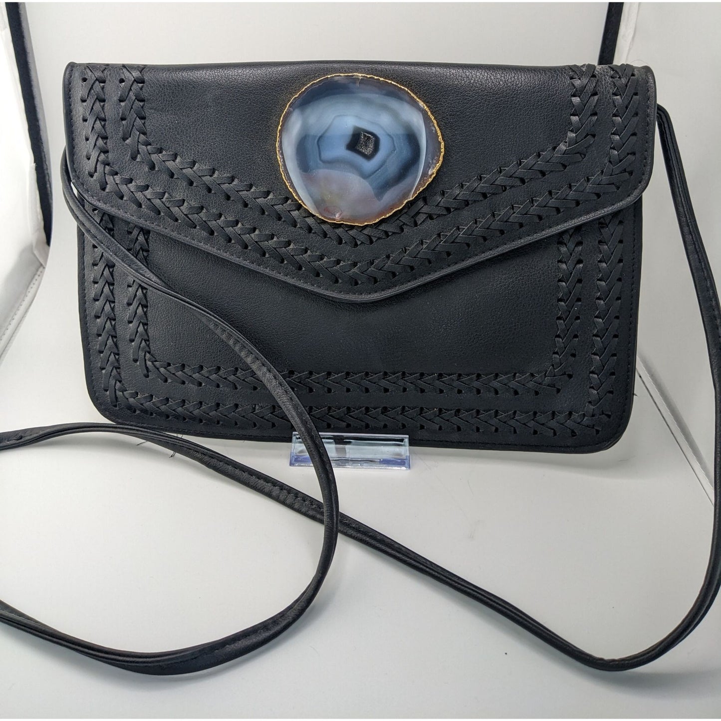 Black Leather Bohemian Crossbody Bag With Handwoven Details & Geode Slice Accent 11x7 Inches 22-Inch Drop