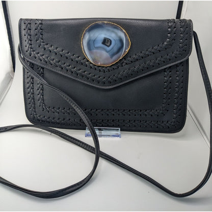 Black Leather Bohemian Crossbody Bag With Handwoven Details & Geode Slice Accent 11x7 Inches 22-Inch Drop