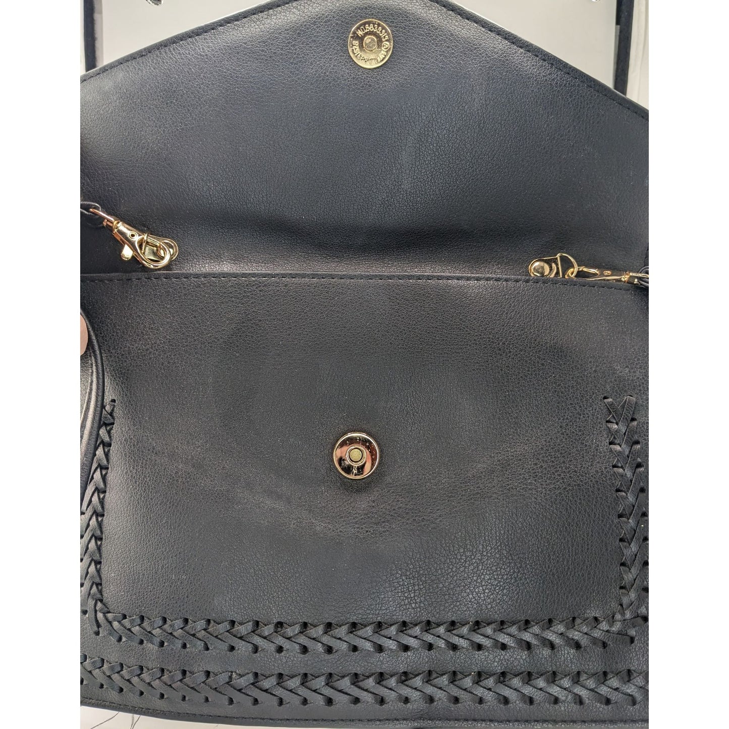 Black Leather Bohemian Crossbody Bag With Handwoven Details & Geode Slice Accent 11x7 Inches 22-Inch Drop