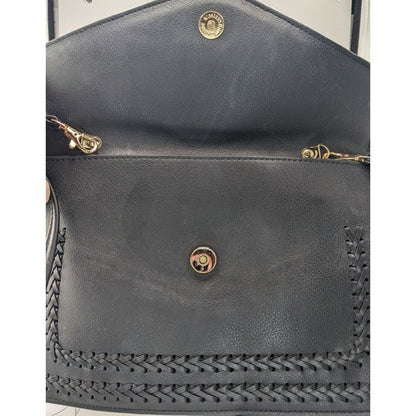 Black Leather Bohemian Crossbody Bag With Handwoven Details & Geode Slice Accent 11x7 Inches 22-Inch Drop