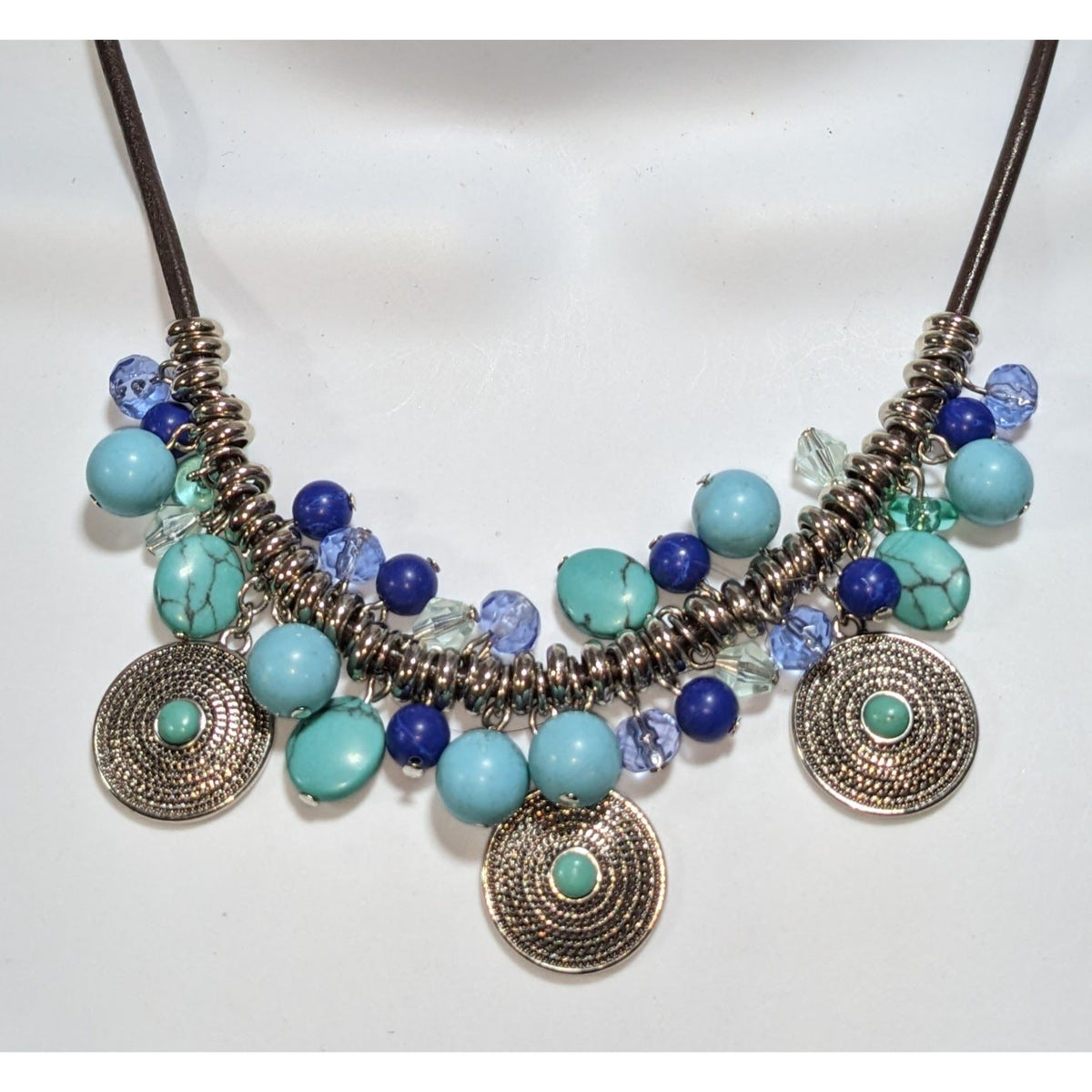 Chaps Boho Turquoise Blue Beaded Medallion Charm Fringe Statement Necklace