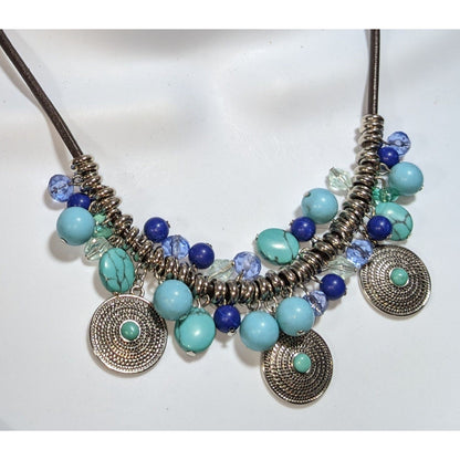 Chaps Boho Turquoise Blue Beaded Medallion Charm Fringe Statement Necklace