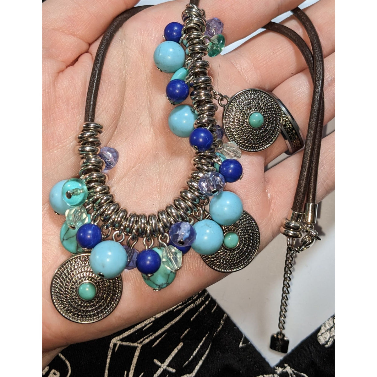 Chaps Boho Turquoise Blue Beaded Medallion Charm Fringe Statement Necklace