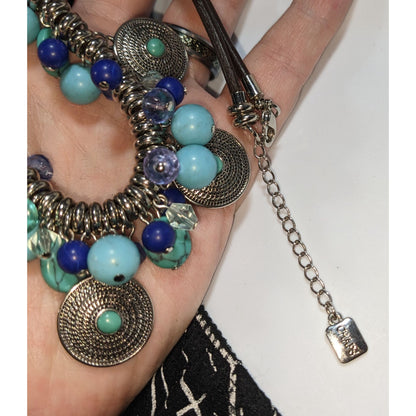 Chaps Boho Turquoise Blue Beaded Medallion Charm Fringe Statement Necklace