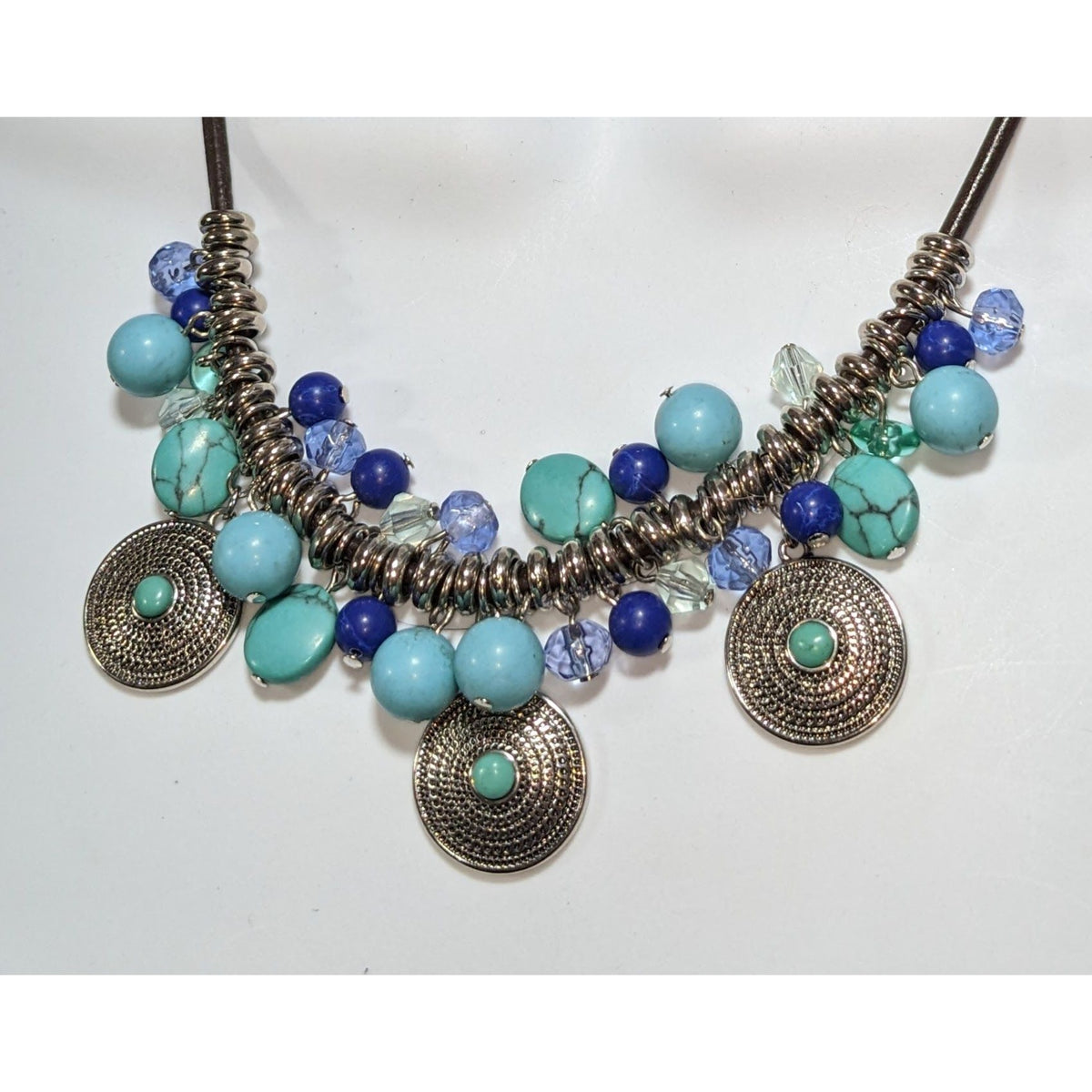 Chaps Boho Turquoise Blue Beaded Medallion Charm Fringe Statement Necklace