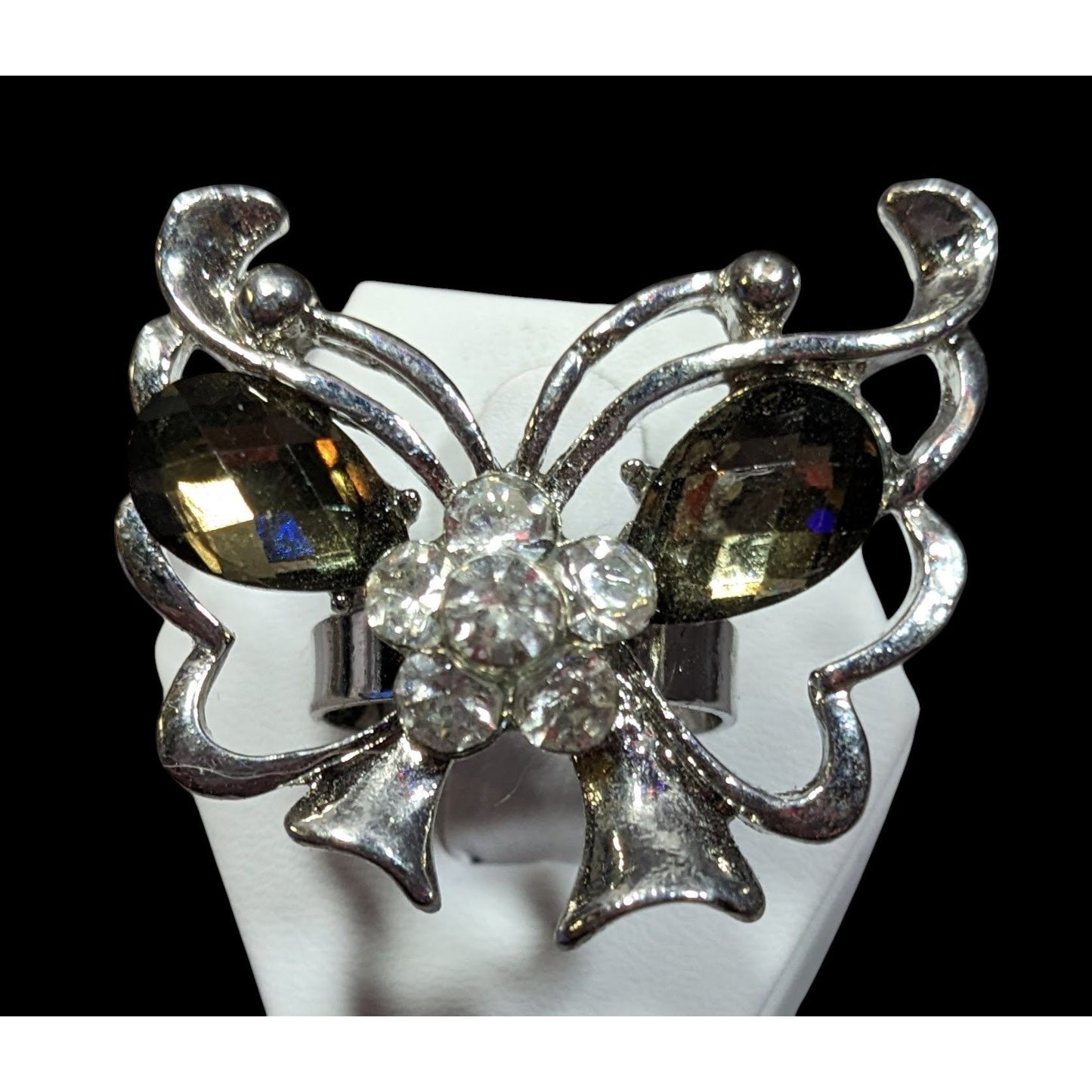 Faircore Butterfly Silver Tone Ring With Gems Adjustable Size 6 1/2