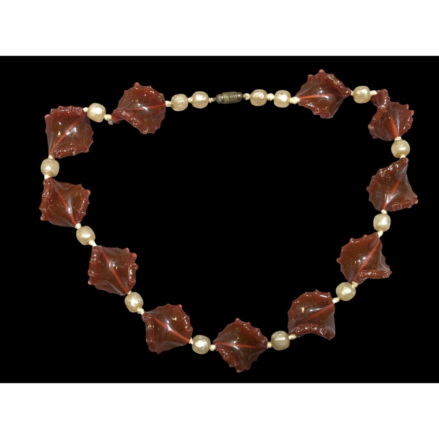 Vintage Abstract Glass And Faux Pearl Necklace
