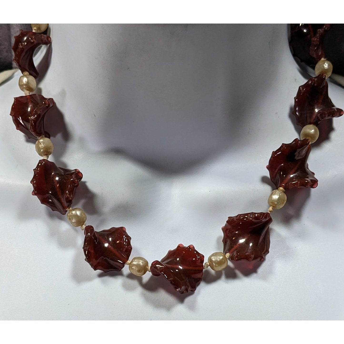 Vintage Abstract Glass And Faux Pearl Necklace