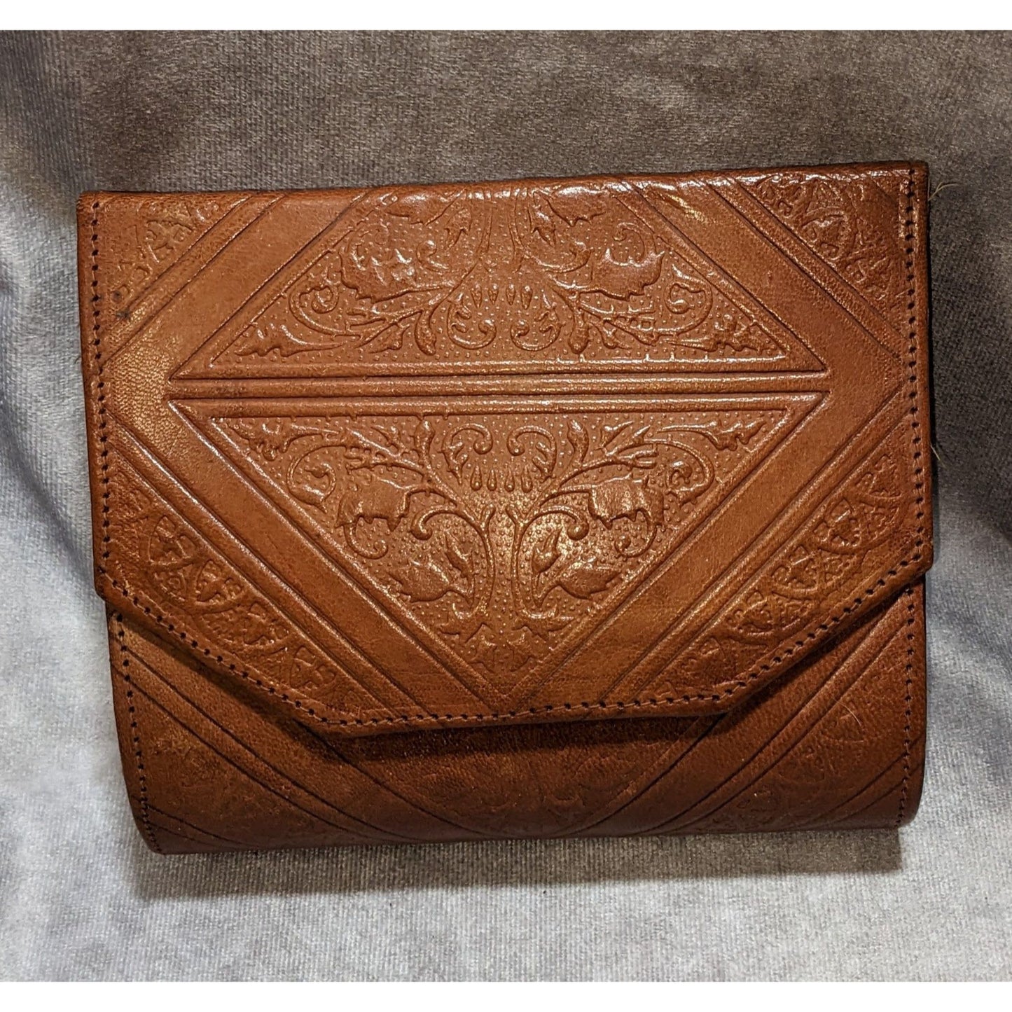 Vintage Moroccan Magic Hand-Tooled Leather Crossbody Bag With Mirror & Snap Closure
