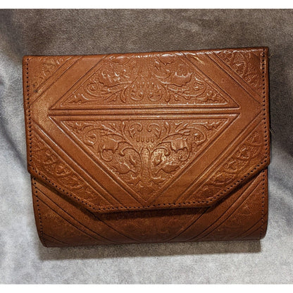 Vintage Moroccan Magic Hand-Tooled Leather Crossbody Bag With Mirror & Snap Closure