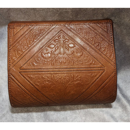 Vintage Moroccan Magic Hand-Tooled Leather Crossbody Bag With Mirror & Snap Closure