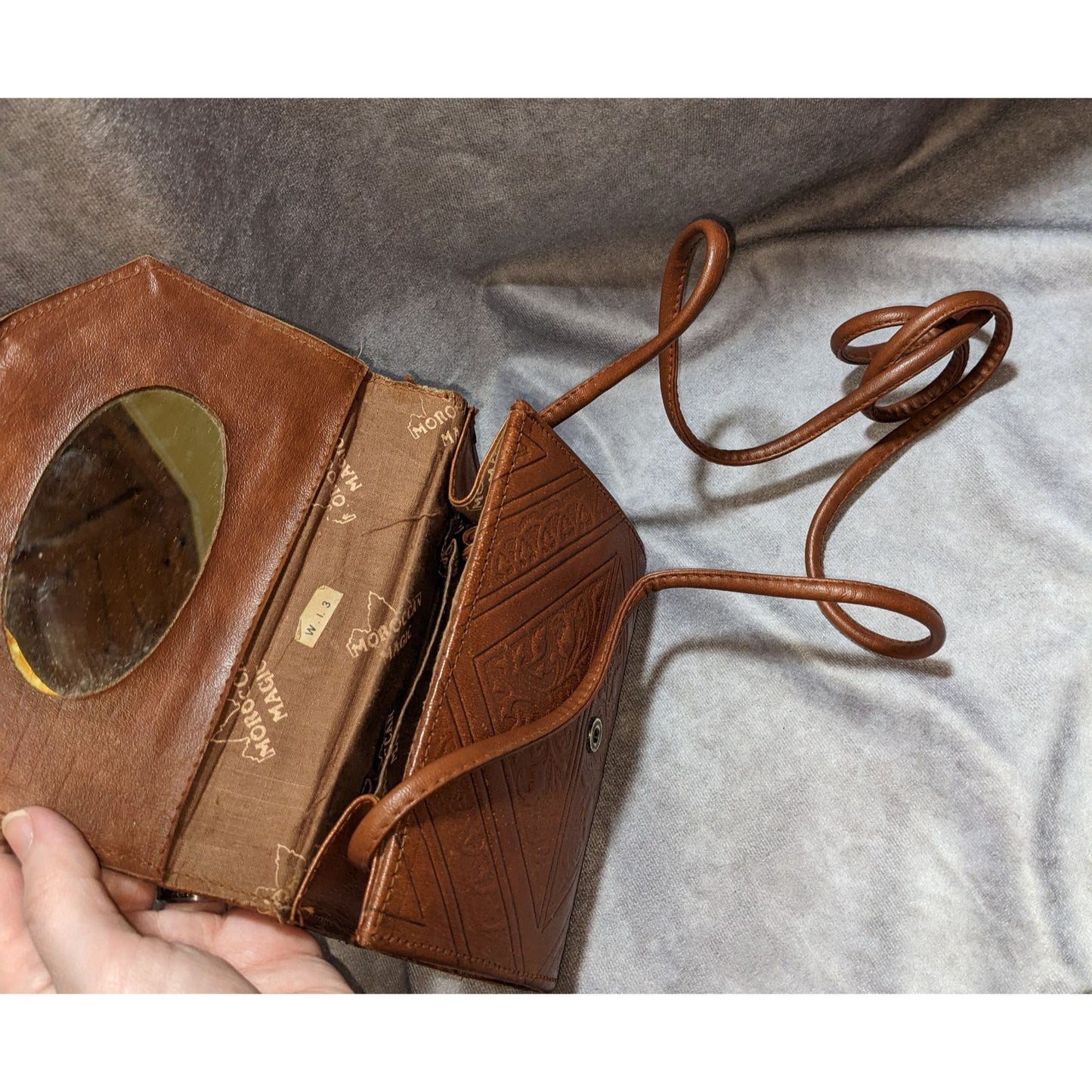 Vintage Moroccan Magic Hand-Tooled Leather Crossbody Bag With Mirror & Snap Closure
