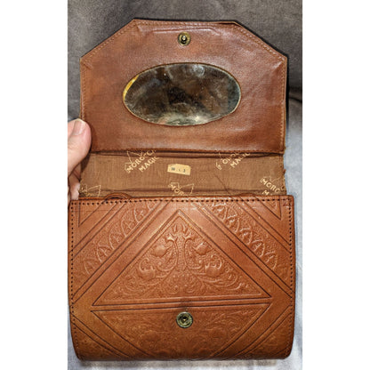 Vintage Moroccan Magic Hand-Tooled Leather Crossbody Bag With Mirror & Snap Closure