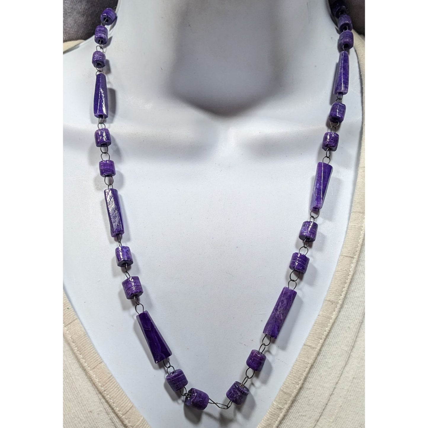 Handmade Rustic Purple Carved Stone Beaded Necklace