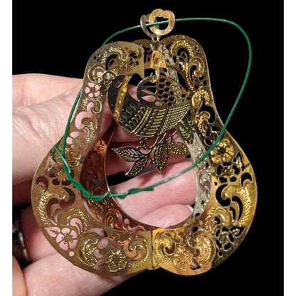 Vintage Gold Tone 3D Pear Ornament With Peacock And Flowers