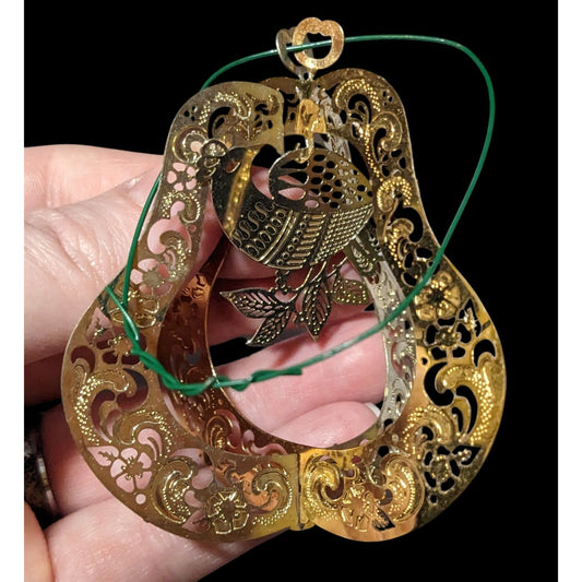 Vintage Gold Tone 3D Pear Ornament With Peacock And Flowers