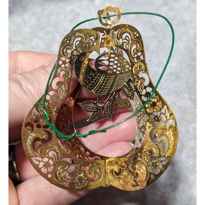 Vintage Gold Tone 3D Pear Ornament With Peacock And Flowers