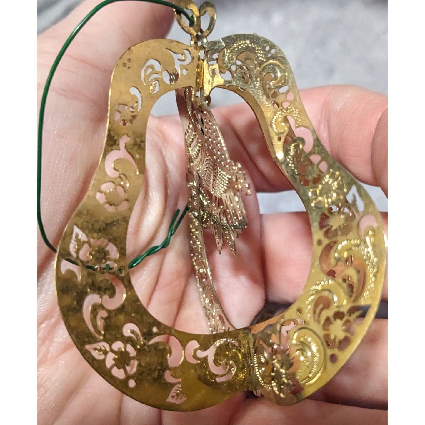 Vintage Gold Tone 3D Pear Ornament With Peacock And Flowers