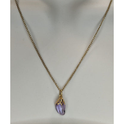 Fairycore Whimsigoth Boho Purple Crystal Drop Pendant Gold Tone Necklace