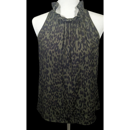 Veronica M Black And Brown Leopard Print Sleeveless Ruffle Neck Top