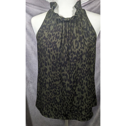 Veronica M Black And Brown Leopard Print Sleeveless Ruffle Neck Top