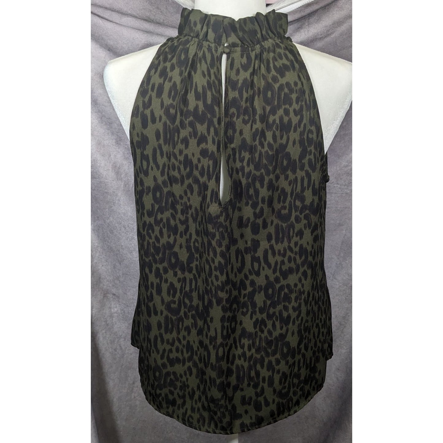 Veronica M Black And Brown Leopard Print Sleeveless Ruffle Neck Top