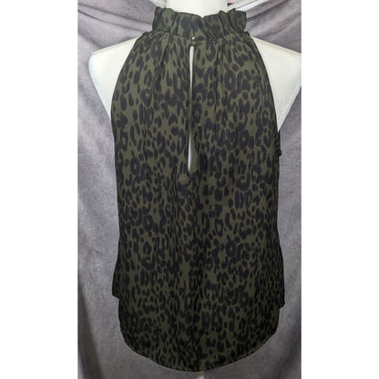 Veronica M Black And Brown Leopard Print Sleeveless Ruffle Neck Top