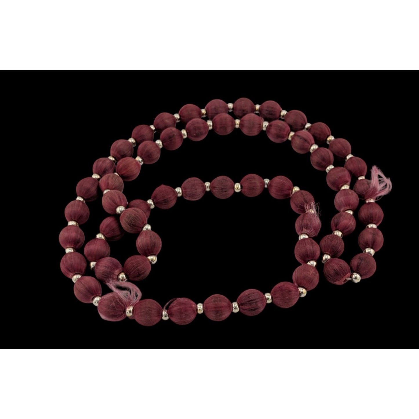 Vintage Burgundy Silk Thread Beaded Necklace With Silver Tone Accents
