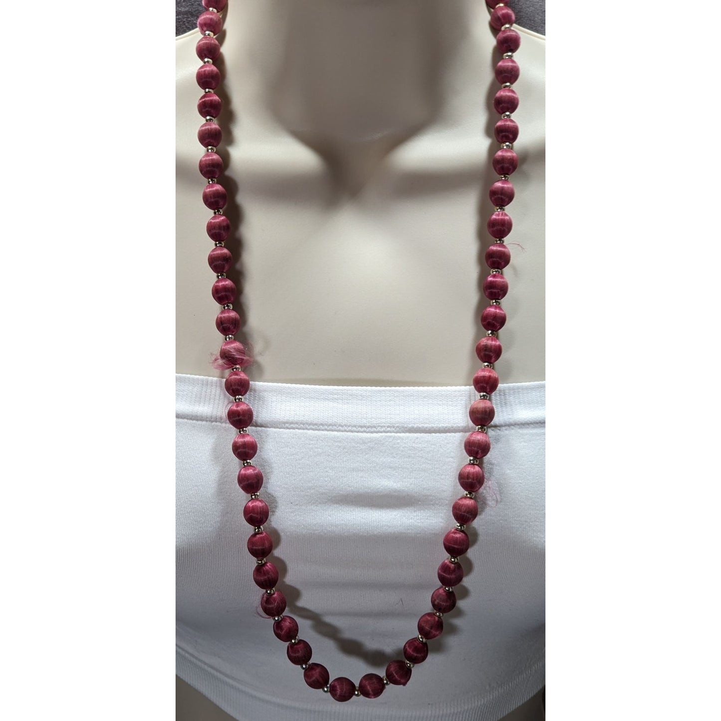 Vintage Burgundy Silk Thread Beaded Necklace With Silver Tone Accents