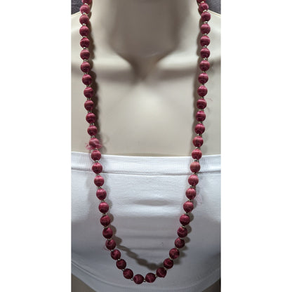Vintage Burgundy Silk Thread Beaded Necklace With Silver Tone Accents