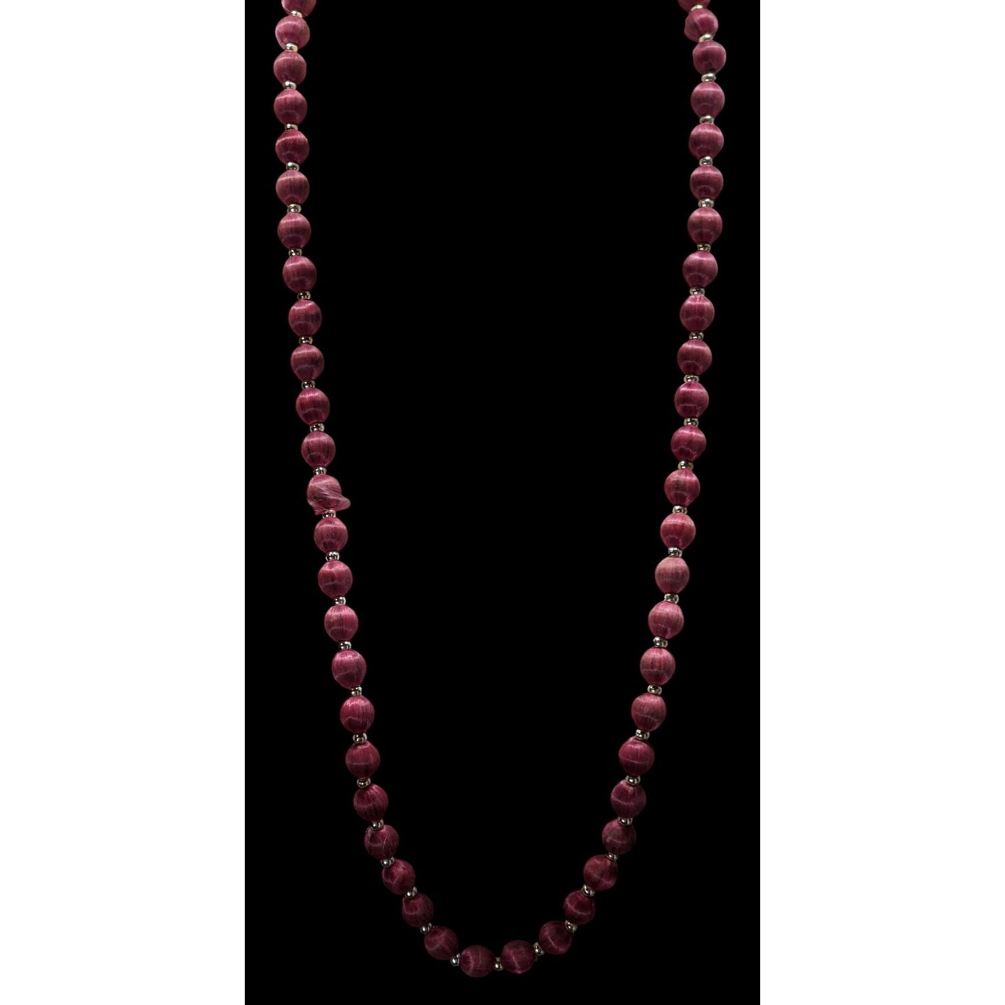 Vintage Burgundy Silk Thread Beaded Necklace With Silver Tone Accents