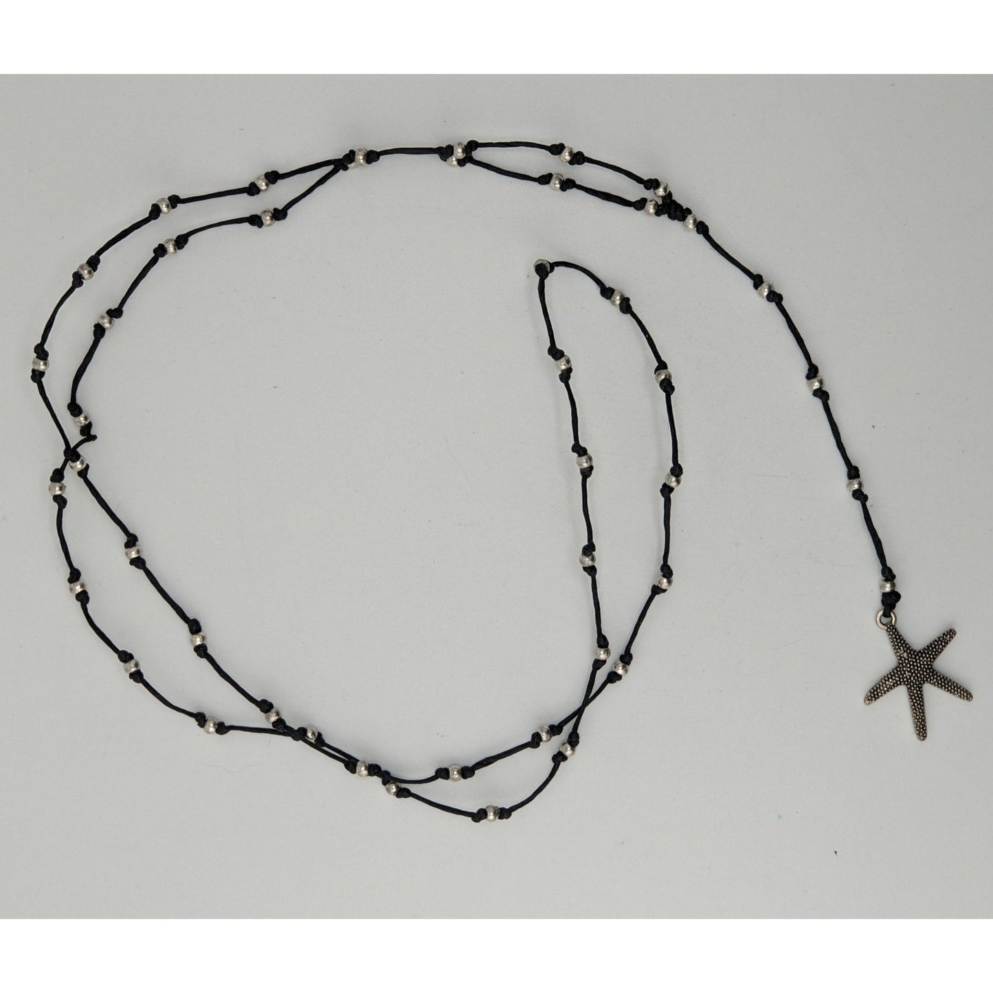 Starfish Lariat Necklace Beach Coastal Black Cord Silver Beaded