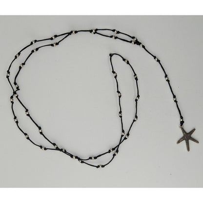 Starfish Lariat Necklace Beach Coastal Black Cord Silver Beaded